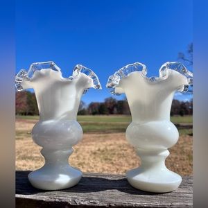 Vintage Fenton Silver Crest Clear Ruffled Lip Milk Glass Vases •
